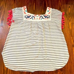 THML Striped Embroidery Top with Pink Tassel Trim on Sleeve